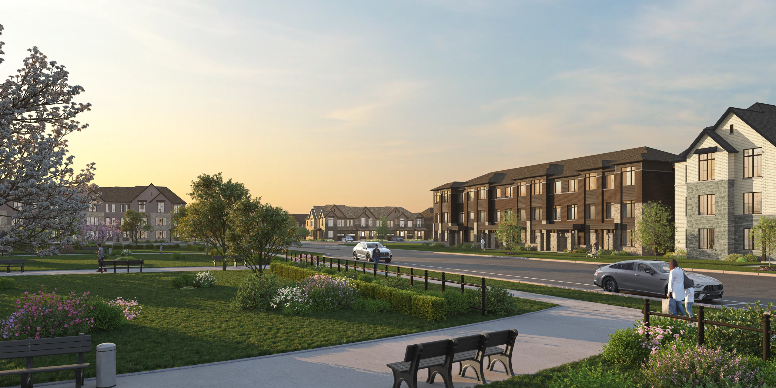 Founders Walk townhomes overlooking landscaped green space and walking paths