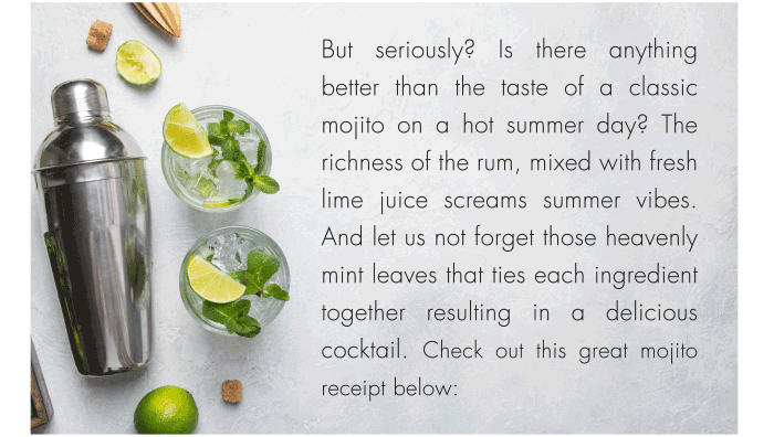 But seriously? Is there anything better than the taste of a classic mojito on a hot summer day? The richness of the rum, mixed with fresh lime juice screams summer vibes. And let us not forget those heavenly mint leaves that ties each ingredient together resulting in a delicious cocktail. Check out this great mojito receipt below:
